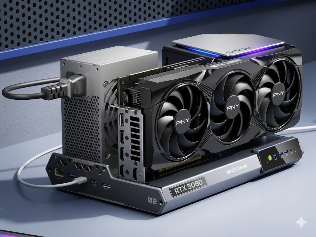 Primary compute node composed of EVO-T1, RTX 5080, and external GPU dock